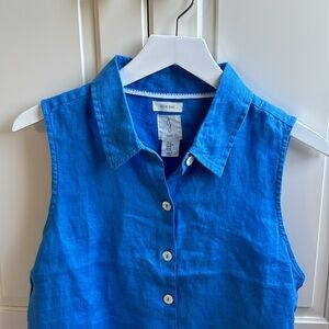 NWT Joie M Womens Top Sleeveless 100% Linen Bright Blue Shell Buttons